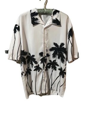 Short-Sleeve White Button-Down Shirt with Black Palm Print Eric Zero Seien XXL